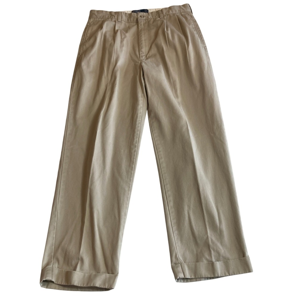 Vintage Polo Ralph Lauren Hammond Mens 33x29 Fit Tan Khaki Pleated Cuffed Chinos